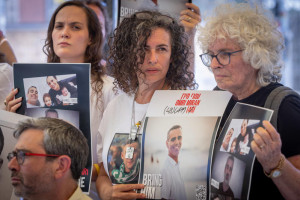 Families of Israelis held hostage in Gaza hold a press conference outside the Ministry of Defense in Tel Aviv on August 10, 2025. Photo by Miriam Alster/FLASH90