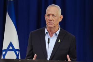 Head of Blue and White party MK Benny Gantz speaks during press conference in Tel Aviv on August 23, 2025. Photo by Tal Gal/Flash90