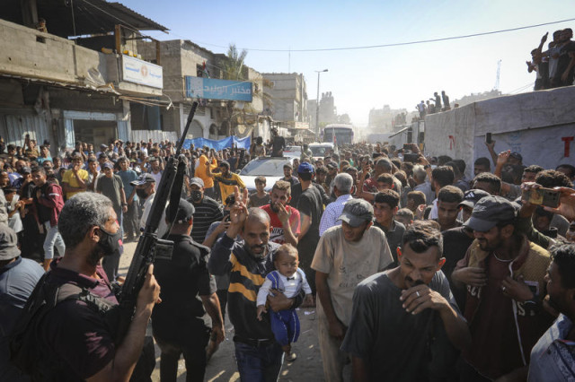 Palestinian prisoners released from Israeli prisons as part of a ceasefire deal between Israel and Hamas arrive in Khan Yunis, in the southern Gaza Strip, on October 13, 2025. Photo by Abed Rahim Khatib/Flash90
