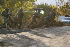 Israeli soldiers take part in a drill in a Kibbutz near the Israeli border with Lebanon, October 20, 2025. Photo by Ayal Margolin/Flash90