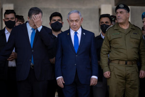 Israeli prime minister Benjamin Netanyahu, Israeli minister of Defense Israel Katz and IDF Chief of Staff Eyal Zamir at the graduation of an IDF officers' course, October 30, 2025. Photo by Noam Revkin Fenton/FLASH90