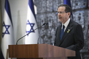 Israeli President Issac Herzog at a memorial ceremony to commemorate the 30th anniversary of former Israeli Prime Minister Itzhak Rabin's assassination, at the president's residence in Jerusalem on November 3, 2025. Photo by Arie Leib Abrams/Flash90