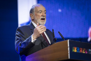 US Ambassador to Israel Mike Huckabee speaks during the FOZ Ambassadors Summit in Jerusalem, December 7, 2025. Photo by Yonatan Sindel/Flash90