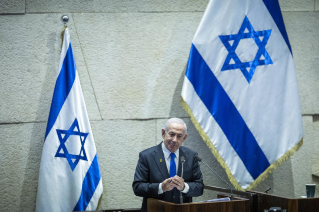 Israeli Prime Minister Benjamin Netanyahu at a 40 signatures debate, at the plenum hall of the Knesset, the Israeli parliament in Jerusalem, on December 8, 2025. Photo by Chaim Goldberg/Flash90