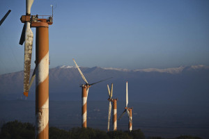 View of station of wind turbines with the first snow this winter on Mount Hermon in Syria, as seen from the northern Golan Heights near the Syrian border, on December 13, 2025. Photo by Michael Giladi/Flash90