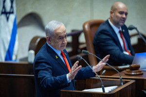 Israeli Prime Minister Benjamin Netanyahu at a 40 signatures debate, at the plenum hall of the Knesset, the Israeli parliament in Jerusalem, on January 5, 2026. Photo by Yonatan Sindel/Flash90