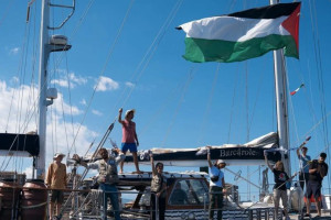 Greta Thunberg and activists on Freedom Flotilla  sail boat, June 4, 2025, Mediterranean Sea . Photo: The Freedom Flotilla Coalition (FFC)