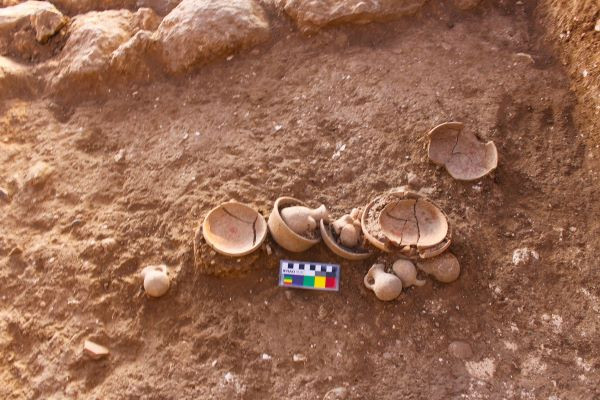 Temple offerings - miniature as well as food serving vessels, and a shell of marine mollusc, Tonna galea found in one of the temples (Photo credit: Prof. Aren Maeir).