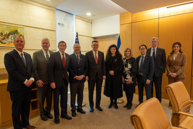 Foreign Minister Gideon Sa’ar met with a bipartisan delegation of U.S. lawmakers. Pictured from left to right: Adam Schiff, Dan Sullivan, Richard Blumenthal, Lindsey Graham, Gideon Sa’ar, Morgan Ortagus, Joni Ernst, Andy Kim, Sheldon Whitehouse.

Foreign Minister Gideon Sa’ar meeting a bi-partisan delegation of Senators headed by Dan Sullivan and Lindsey Graham. Photo: Gideon Sa’ar's account on X, used under section 27A of the copyright law.