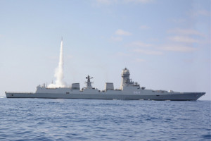 An Indian Naval Ship fires a Barak-8 Medium-Range Surface-to-Air Missile variant during a successful cooperative engagement test on the Western Seaboard. Photo: Wikimedia Commons.