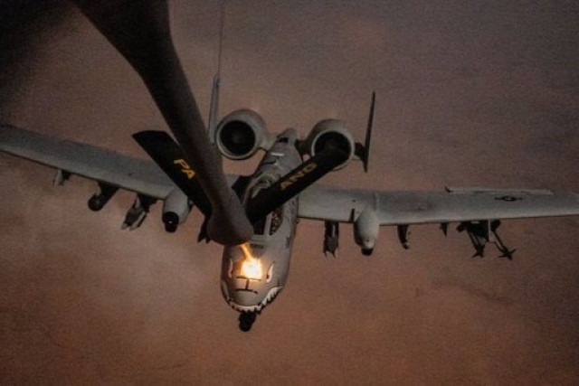 A U.S. Air Force A-10 Thunderbolt II conducts refueling operations over the U.S. Central Command area of responsibility.