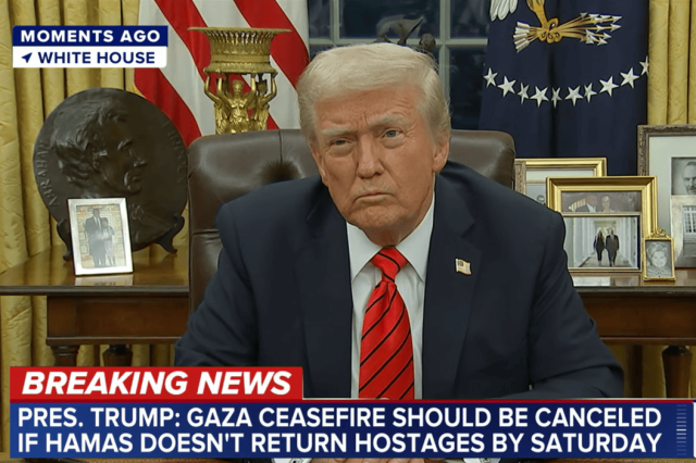 President Trump during an interview, discussing the Gaza ceasefire and demanding Hamas return hostages by Saturday. Photo: Screenshot from ABC News' YouTube channel, used under Section 27A of the Copyright Law.