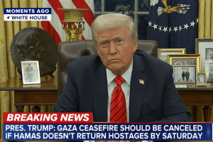 President Trump during an interview, discussing the Gaza ceasefire and demanding Hamas return hostages by Saturday. Photo: Screenshot from ABC News' YouTube channel, used under Section 27A of the Copyright Law.