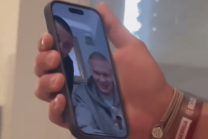 Screenshot from a video shared on social media showing Erling Haaland on a video call with Omer Shem Tov, April 16, 2025.