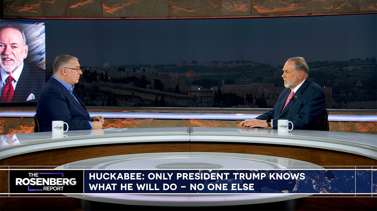 Joel C. Rosenberg and Ambassador Mike Huckabee on The Rosenberg Report. Image courtesy of TBN