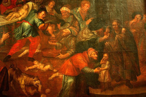 Illustration: An 18th-century painting by Karol de Prevot in the Cathedral of Sandomierz, Poland, depicting the alleged “ritual murder” libel against Jews. (Photo: Wikimedia)
