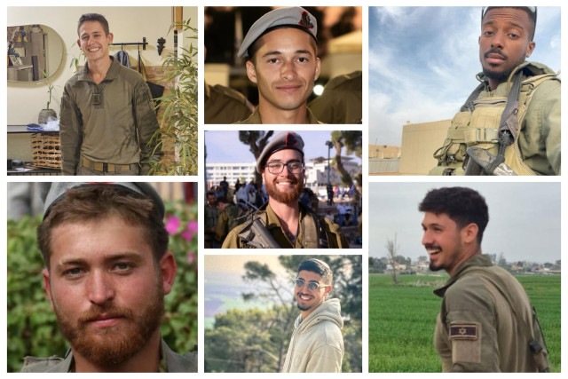 Lt. Matan Shai Yashinovski, 21, from Kfar Yona; Staff Sgt. Ronel Ben-Moshe, 20, from Rehovot; Staff Sgt. Niv Radia, 20, from Elyakhin; Sgt. Ronen Shapiro, 19, from Mazkeret Batya; Sgt. Shahar Manoav, 21, from Ashkelon; Sgt. Maayan Baruch Pearlstein, 20, from Eshhar; and Staff Sgt. Alon Davidov, 21, from Kiryat Yam. June 25, 2025. Photo:  IDF