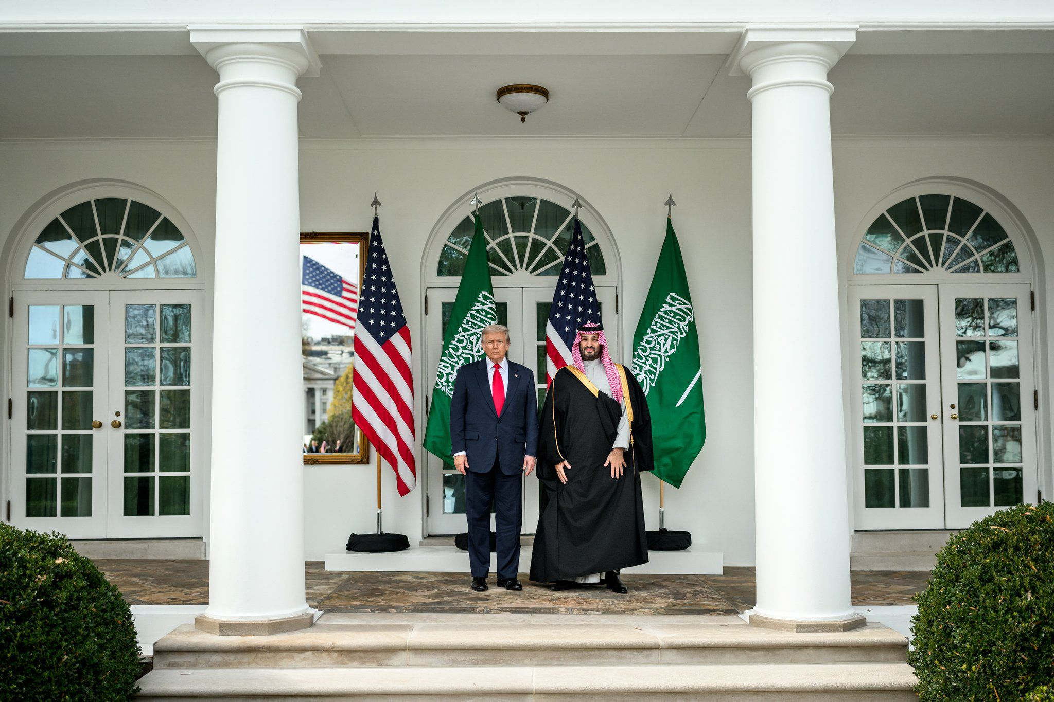 President Trump and Crown Prince Mohammed bin Salman stand on the red carpet in front of The White House in Washington, DC. Photo credit: Saudi Foreign Ministry