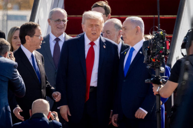 US president Donald Trump arrives at Ben Gurion Airport near Tel Aviv on October 13, 2025. Photo by Noam Revkin Fenton/Flash90
