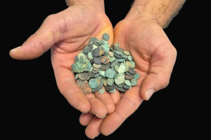 Ancient coins seized from the home of a Dimona resident suspected of illegal antiquities trade.
(Photo: Israel Police)
