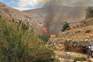 Wildfire burning in the Prat Stream area of the Binyamin region, April 27, 2025. (Photo: Israeli Fire and Rescue Services)