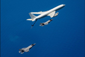 Israeli tanker aircraft during aerial refueling of two F-35 fighter jets, amid the war against Iran (Photo by Israeli Air Force).