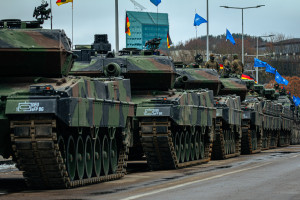 A column of Leopard 2 tanks during a NATO parade, Vilnius, Lithuania, 11.25.2023. (Photo: Shutterstock)